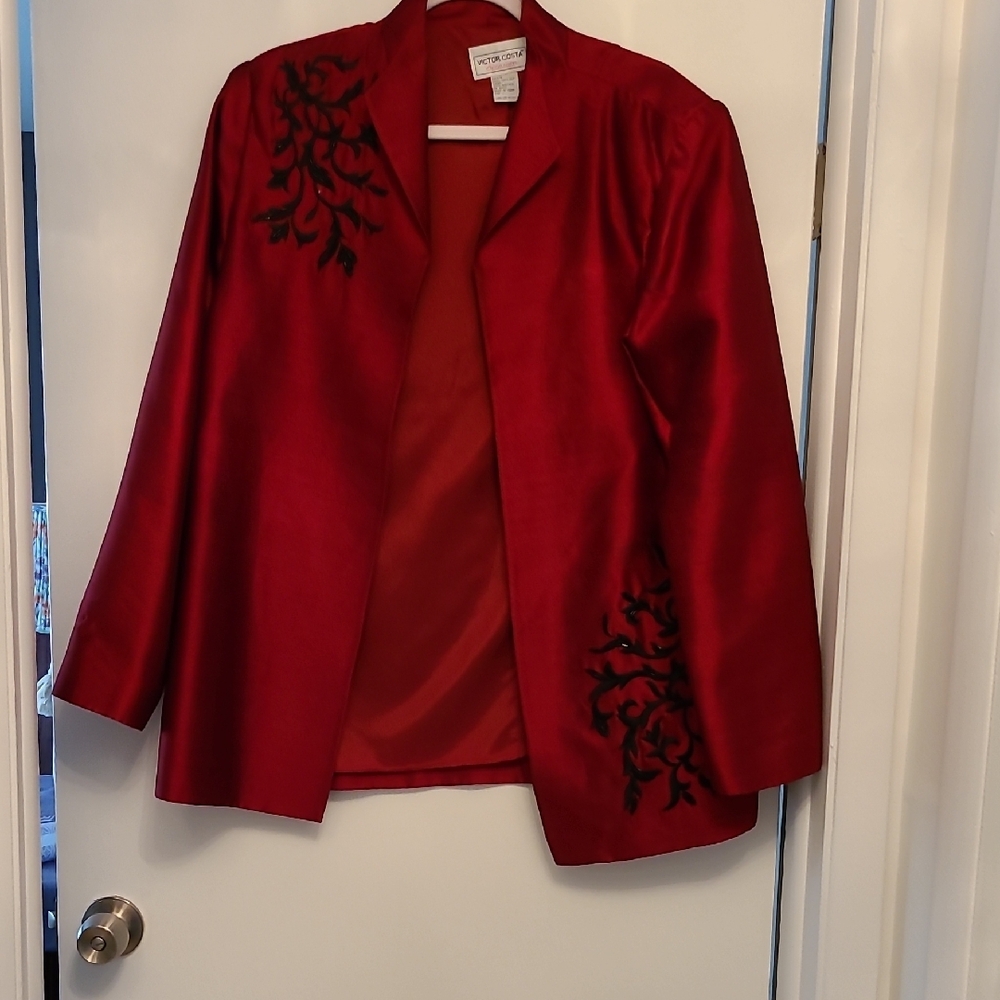 Victor Costa Wine Colored and Black Embroidered Blazer  NWOT
